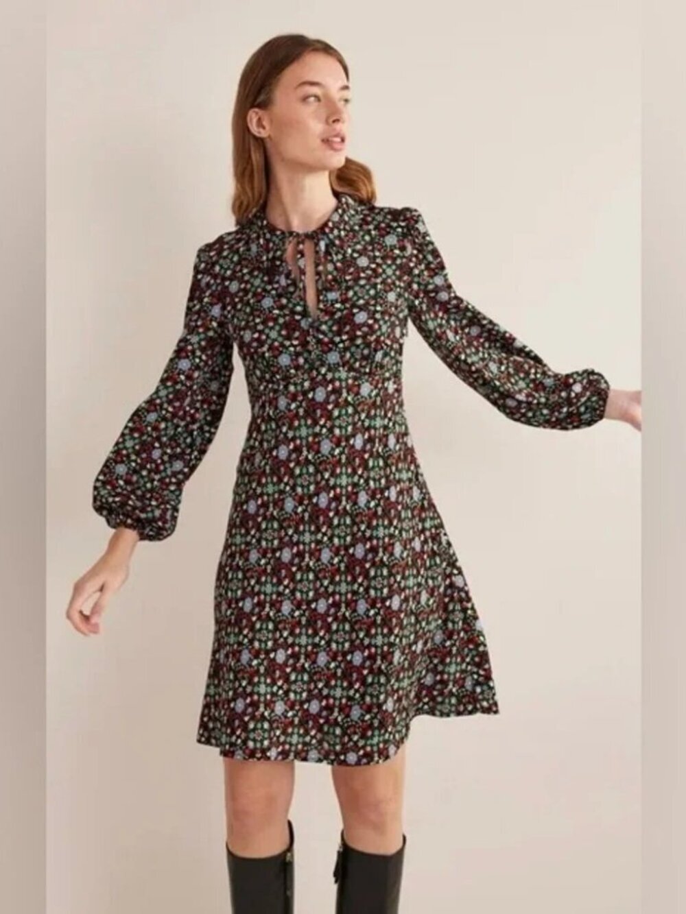 Boho Preppy Girly Flirty Boden Black Multi Floral Tie Neck Mini Dress US Sz 12R